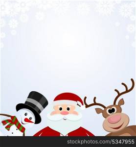 Santa Claus, snowman and reindeer on a snowy background