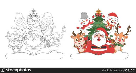 Santa Claus, snowman and reindeer with Christmas tree, Christmas theme line art doodle cartoon illustration, Coloring book for kids, Merry Christmas.