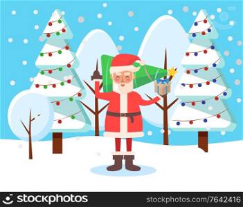 Santa Claus standing alone in snowy forest. Man hold box tied with ribbon with present for child inside. Father Frost in red clothes, tradition on christmas holiday. Vector illustration of person. Santa Claus Stand in Winter Forest, Christmas Time