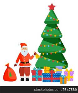 Santa Claus standing near christmas fir tree. Person in red warm clothes with bell in hand. Sack with gifts for children, colorful boxes tied with ribbon with presents inside. Vector in flat style. Santa Claus Standing near Christmas Fir Tree