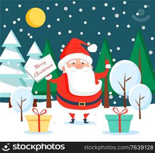 Santa Claus standing near colorful boxes with presents for children inside. Unreal character in forest at night, christmas eve. Man hold sign with greeting caption with holiday. Vector greeting card. Santa Claus Standing in Winter Forest at Night