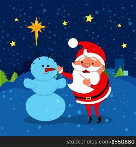 Santa Claus standing near snowman. Snowflakes are falling. Evening. City. Sky with many yellow stars. Green trees. High buildings. Flat design. Ground covered with snow. Cartoon style. Vector. Santa Claus near Snowman. Winter. Evening. City