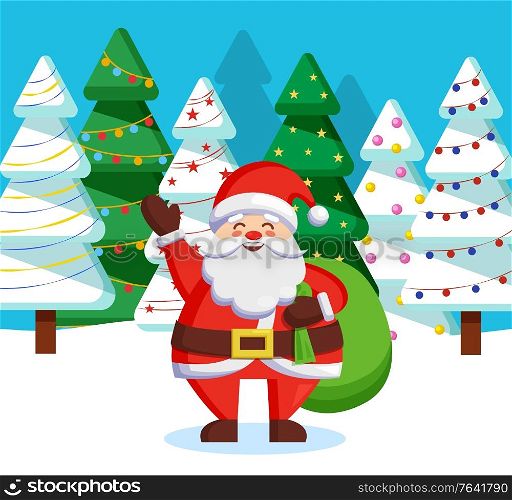 Santa Claus standing with green sack of presents for children in forest. Christmas time in december, traditional winter holiday. Unreal character in red warm clothes among fir trees in wood, vector. Santa Claus Standing with Sack in Winter Forest