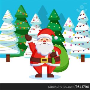 Santa Claus standing with green sack of presents for children in forest. Christmas time in december, traditional winter holiday. Unreal character in red warm clothes among fir trees in wood, vector. Santa Claus Standing with Sack in Winter Forest