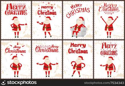 Santa Claus stickers set, cartoon character on grunge backdrop. Merry Christmas wintertime vector greeting cards with dancing, sitting on armchair, showing ok sign man. Santa Claus Stickers Set Cartoon Characters Grunge