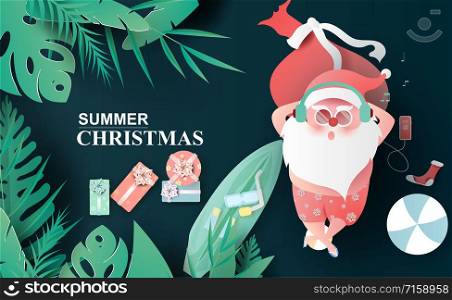 Santa Claus swimsuit of Tropical leaves and nature plants.Creative Paper cut and craft Origami Hawaiian style summer Christmas July space for text.Winter season background.minimal vector illustration.