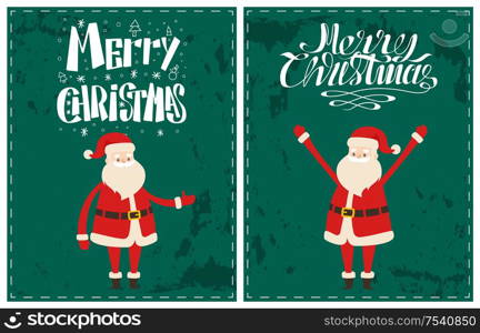 Santa Claus symbol of New Year on grunge dark green background. Cartoon winter character standings with hands up and greeting everyone, vector old man. Santa Claus New Year Symbol on Grunge Dark Green