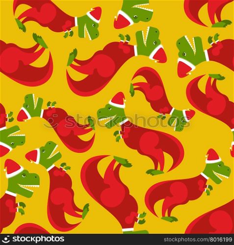 Santa Claus t-Rex. Dinosaur in Santa&rsquo;s red suit. Character for Christmas and new year. Seamless pattern for winter holiday.