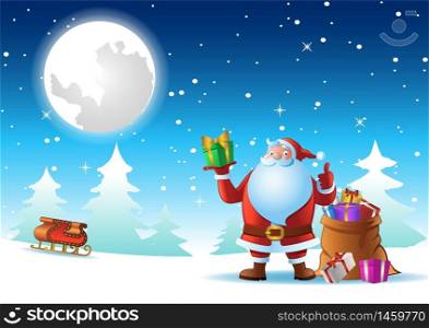 Santa Claus thumb up on snow on Christmas night to send gift to everyone nearby sleigh and gift sack,happy season,vector illustration