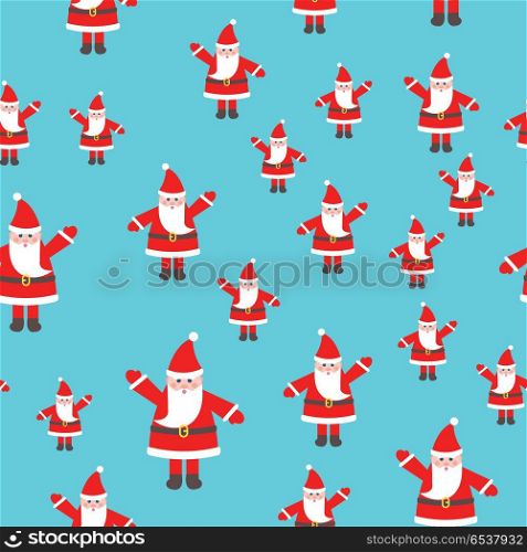 Santa Claus Toy with Raised Hand Seamless Pattern. Santa Claus toy with raised hand seamless pattern. Man in red xmas hat and with white beard. Brown belt on waist. Simple cartoon style. Flat design. Wallpaper design endless texture. Vector