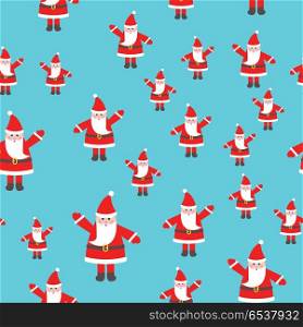Santa Claus Toy with Raised Hand Seamless Pattern. Santa Claus toy with raised hand seamless pattern. Man in red xmas hat and with white beard. Brown belt on waist. Simple cartoon style. Flat design. Wallpaper design endless texture. Vector