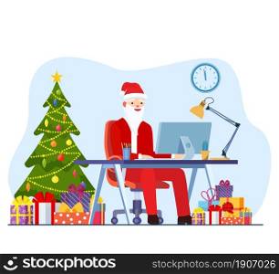santa claus using laptop sitting at workplace near fir tree with gift boxes merry christmas new year holidays celebration concept. Vector illustration in flat style. santa claus using laptop