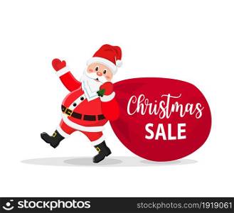 Santa Claus Walking with Bag of Presents. For Christmas and New Year posters, gift tags and labels. Vector illustration in flat style. Santa Claus Walking with Bag of Presents