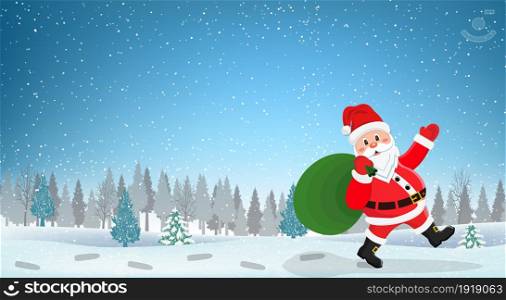 Santa Claus Walking with Bag of Presents. For Christmas and New Year posters, gift tags and labels. Vector illustration in flat style. Santa Claus Walking with Bag of Presents