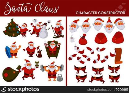 Santa Claus winter character set merry Christmas holiday vector father frost wearing traditional hat decorating tree evergreen pine with baubles man with surfing board sitting on armchair presents.. Santa Claus winter character set merry christmas holiday