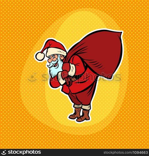 Santa Claus with a bag of gifts. Christmas and New year Comic cartoon pop art retro vector drawing illustration. Santa Claus with a bag of gifts. Comic cartoon pop art