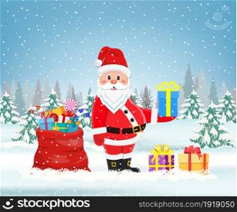 Santa claus with a bag of toys in front winter background. Christmas, holidays concept.. Santa claus with a bag of toys