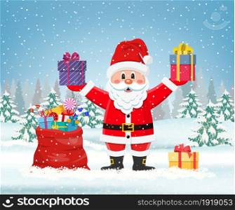 Santa claus with a bag of toys in front winter background. Christmas, holidays concept.. Santa claus with a bag of toys