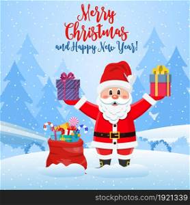 Santa claus with a bag of toys in front winter background Merry christmas holiday. New year and xmas celebration. Vector illustration in flat style. Santa claus with a bag of toys