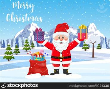 Santa claus with a bag of toys in front winter background with Mountains. Merry christmas holiday. New year and xmas celebration. Vector illustration in flat style. Santa claus with a bag of toys