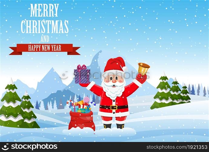 Santa claus with a bag of toys in front winter background with Mountains. Merry christmas holiday. New year and xmas celebration. Vector illustration in flat style .. Santa claus with a bag of toys