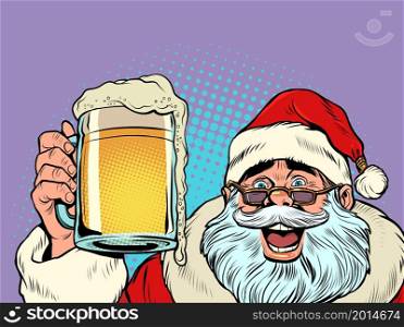 Santa Claus with a beer mug. Pub or bar, a fun party. Christmas and New Year, winter seasonal holiday in December. Pop art Retro vector Illustration 50s 60s Vintage kitsch style. Santa Claus with a beer mug. Pub or bar, a fun party. Christmas and New Year, winter seasonal holiday in December