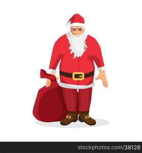 Santa Claus with a big bag of gifts for Christmas card. Cartoon style vector illustration isolated on white background
