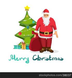 Santa Claus with a big bag on background tree. Cartoon style vector Greeting Card. Merry Christmas lettering