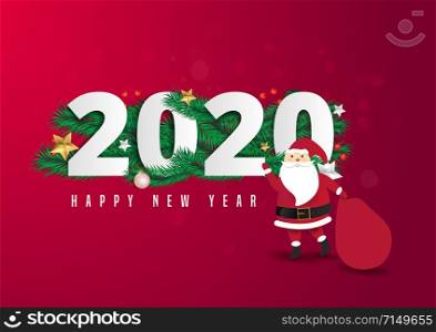 Santa Claus with a huge bag on the walk to deliver christmas gifts at red background. 2020 and happy new year text Lettering Vector illustration.