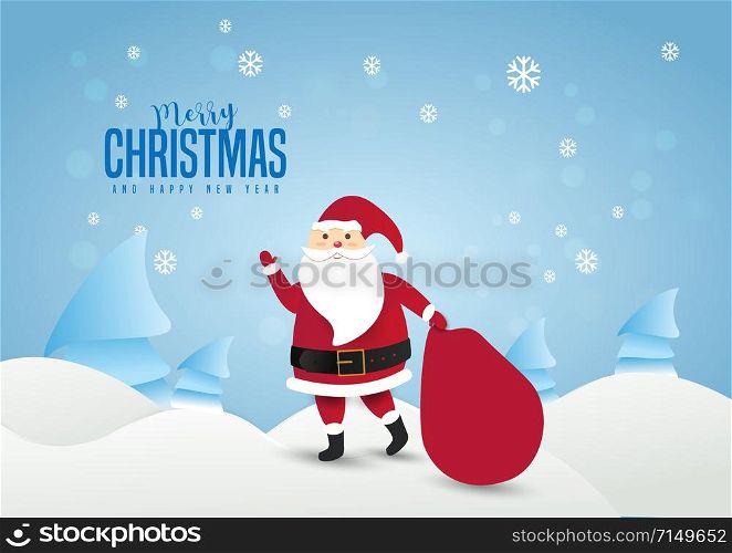 Santa Claus with a huge bag on the walk to delivery christmas gifts at snow fall.Merry Christmas and happy new year text Lettering Vector illustration.
