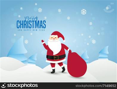 Santa Claus with a huge bag on the walk to delivery christmas gifts at snow fall.Merry Christmas and happy new year text Lettering Vector illustration.