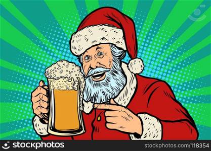 Santa Claus with a mug of beer foam. Christmas and New year. Comic cartoon pop art retro vector illustration drawing. Santa Claus with a mug of beer foam. Christmas and New year