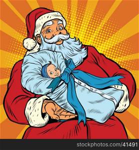 Santa Claus with a newborn boy, pop art retro vector illustration
