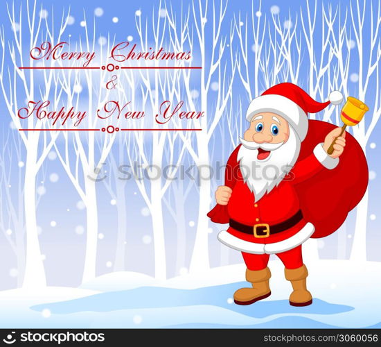 Santa Claus with bell carrying sack. on the christmas background