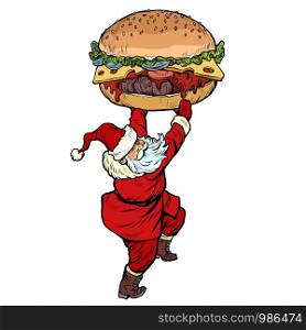 Santa Claus with Burger. Christmas menu fast food restaurant concept. Pop art retro vector illustration kitsch vintage drawing. Santa Claus with Burger. Christmas menu fast food restaurant concept