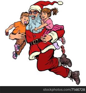 Santa Claus with children. Christmas and New year. Pop art retro vector illustration kitsch vintage. Santa Claus with children. Christmas and New year