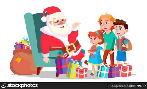 Santa Claus With Children Vector. Cheerful Kids. Winter Holidays. Happy. New Year Gifts. Banner, Flyer, Brochure Design. Isolated Cartoon Illustration. Santa Claus With Children Vector. Merry Christmas And Happy New Year. Greeting, Postcard, Colorful Design. Isolated Cartoon Illustration