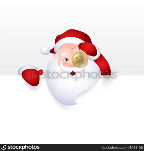 Santa Claus with christmas ball cartoon character emotion cheerful showing a blank sign, web header page. Vector illustration. Vector illustration of Santa Claus with christmas ball cartoon character emotion cheerful for a blank sign, web header page.