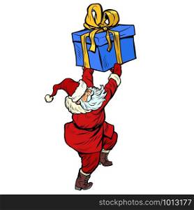 Santa Claus with Christmas gift box. Pop art retro vector illustration kitsch vintage drawing. Santa Claus with Christmas gift box