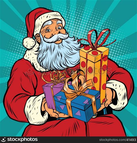 Santa Claus with Christmas gifts, pop art retro vector illustration