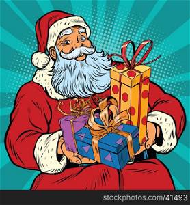 Santa Claus with Christmas gifts, pop art retro vector illustration