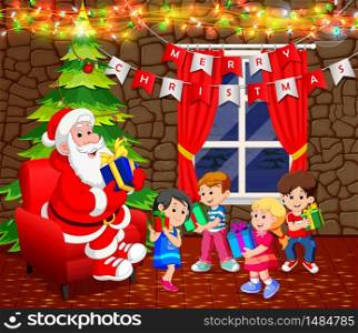 santa claus with christmas tree and cute kid