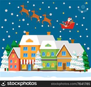Santa Claus with deer going above house and fir-tree. Snowy weather and dark view of street with colorful building. Winter holiday postcard with snowflakes and construction, cold weather vector. Winter Holiday Card with Santa and House Vector