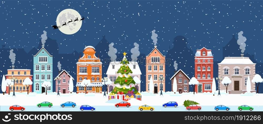 Santa Claus with deers in sky above the town. Winter old town street. Merry Christmas and Happy New Year greeting card. Vector illustration in flat style. Santa Claus with deers in sky above the town.