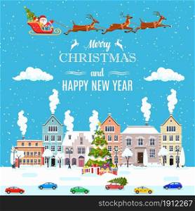 Santa Claus with deers in sky above the town. Winter old town street. Merry Christmas and Happy New Year greeting card. Vector illustration in flat style. Santa Claus with deers in sky above the town.
