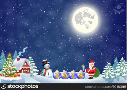 Santa Claus with gift bag and snowman and balls against the the winter country landscape. Christmas and New Year greeting card 2018.. Santa Claus with gift bag and snowman
