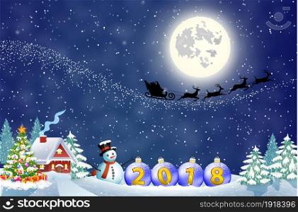 Santa Claus with gift bag and snowman and balls against the the winter country landscape. concept for greeting and postal card 2018, invitation, template,. Merry Christmas Wooden Sign