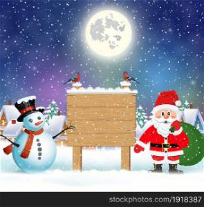 Santa Claus with gift bag and snowman and wooden sign against the the winter country landscape. Christmas and New Year greeting card.. Santa Claus with gift bag and snowman