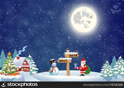 Santa Claus with gift bag and snowman and wooden sign showing the way to 2018 against the the winter country landscape. Christmas and New Year greeting card.. Santa Claus with gift bag and snowman