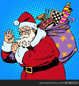 Santa Claus with gift bag okay gesture retro style pop art. Santa Claus with gift bag okay gesture